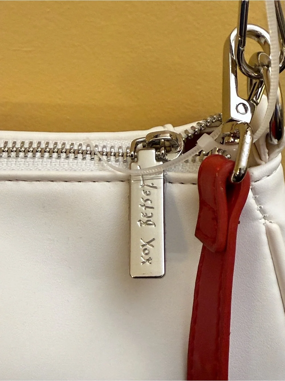 Betsey Johnson White/Red baseball/softball shoulder/crossbody. hotdog charm NWT